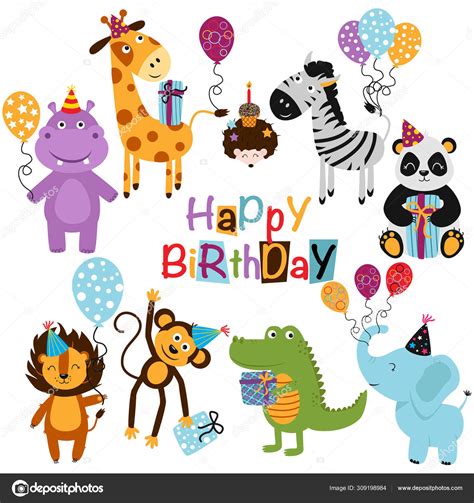 Set Isolated Happy Birthday Animals Vector Illustration Eps Stock
