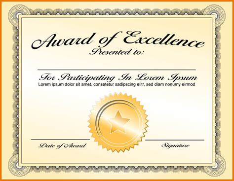 Award Of Excellence Certificate Template Professional Template Examples