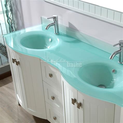 W bath vanity in white with glass vanity top in aqua with square basin and mirror and faucet Glass Vanity Tops - Morganallen Designs
