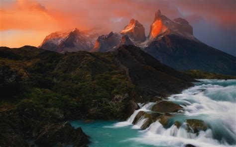 Chile River Mountains Snowy Peak Patagonia Rock Nature Sunset