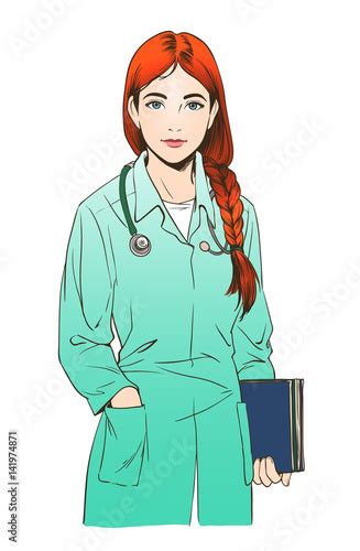 Sketch Illustration Of Young Woman Doctor Or A Nurse Isolated On White