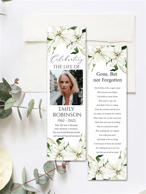 White Lilies Funeral Bookmark Template Celebration Of Life Etsy