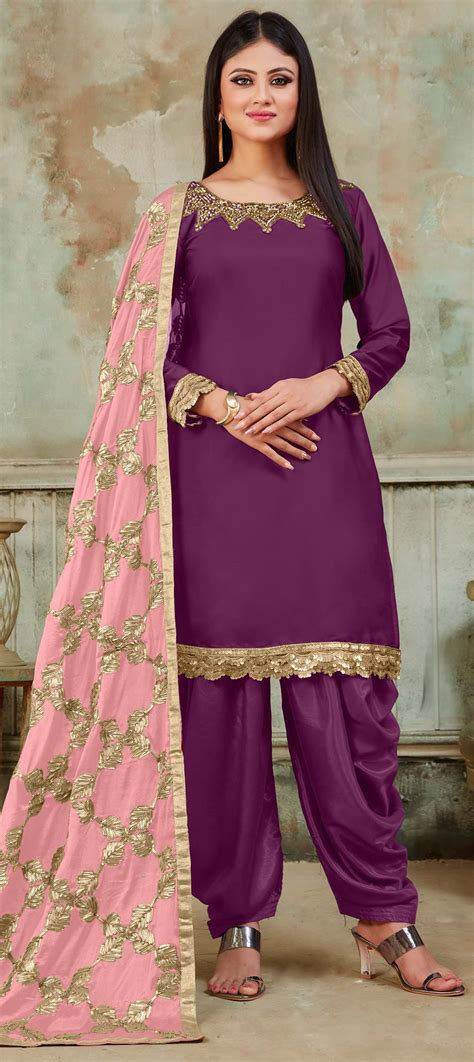 Party Wear Purple And Violet Color Satin Silk Fabric Salwar Kameez 1594522