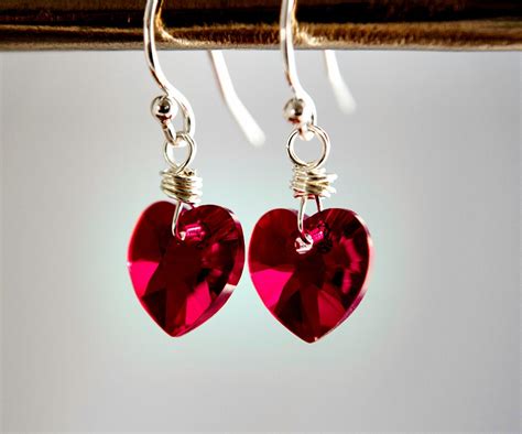 Red Crystal Heart Dangle Earrings Silver Valentines By Polestar