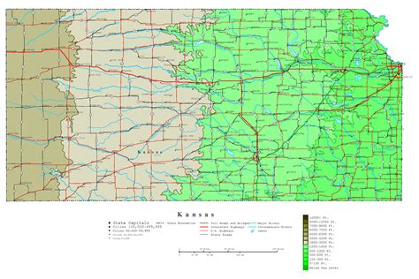 Large Detailed Elevation Map Of Kansas State With Roads Highways And