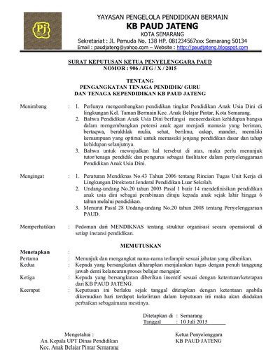 Selain proposal kegiatan, rab juga adalah salah satu dokumen yang sangat penting dalam perencanaan kegiatan. Contoh Sk Pengangkatan Kepala Sekolah Paud Jateng - Dunia ...