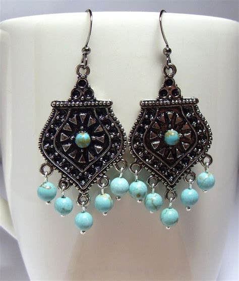 Antiqued Silver And Turquoise Chandelier Earrings Vintage Etsy
