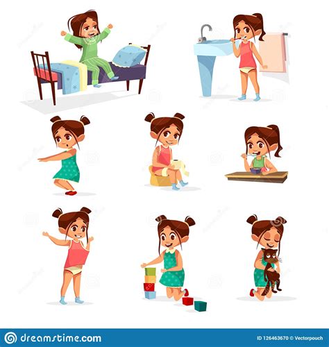 Cartoon Kid Daily Routine Activities Set Vector Illustration