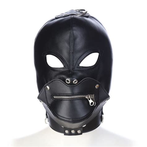 Leather Full Gimp Mask Hood Zipper Mouth Gag Open Eyes Lockable Slave