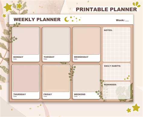 Buy Aesthetic Printable Weekly Planner Pantone Cottagecore Moon Stars