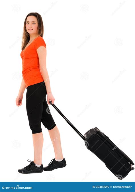 A Beautiful Woman Tourist With Luggage Isolated On White Background