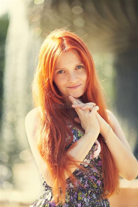 Portrait Af A Beautiful Redhead Woman Outdoors Stylish Romantic Young