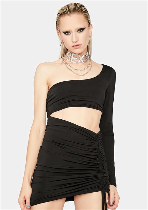 Asymmetrical One Sleeve Ruched Cut Out Dress Black Dolls Kill