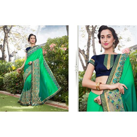 Saree Green Colored Satin Silk And Net Resham And Jari