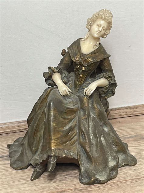 Bronze Marble Seated Lady Sculpture By Xavier Raphanel In Antique