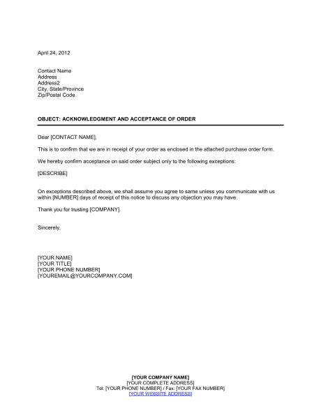 acknowledgment  acceptance  order template sample