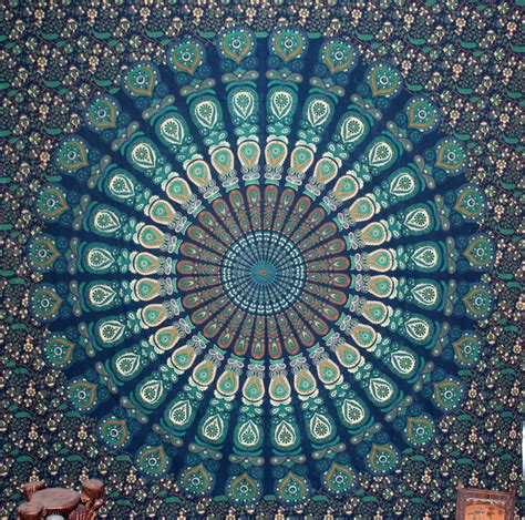 Tapestry blue multi tapestry wall hanging mandala tapestries indian cotton bedspread picnic bed sheet blanket wall art hippie tapestry dabmorestore. Dark Blue Green tapestry - Peacock Feather Indian Mandala Tapestries