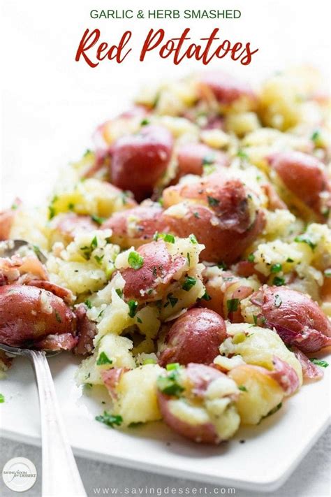 Place the potatoes in a saucepan, and cover them with water. Garlic Herb Smashed Red Potatoes - Saving Room for Dessert