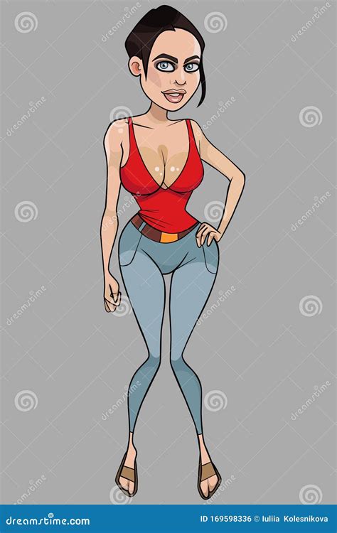 Uma Mulher Sexy De Desenho Em Jeans E Um Topo De Tanque Um Colar