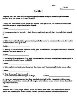 A conflict is a struggle between two opposing forces. Internal and External Conflict Worksheet by Mister ...