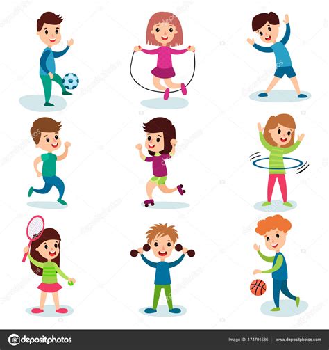 En juegosedufisica puedes encontrar programación educación física, recomendaciones de material educacion fisica, educacion fisica primaria y secundaria. Smiling little kids characters doing different sports and ...