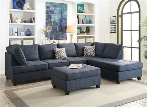 Dark Blue Dorris Fabric Smooth Textured Sectional Sofa Chaise 2pcs Set