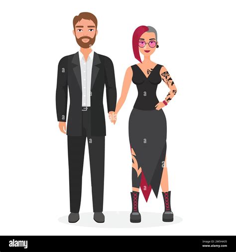 Unequal couple nonconformist woman in alternative fashion clothes with