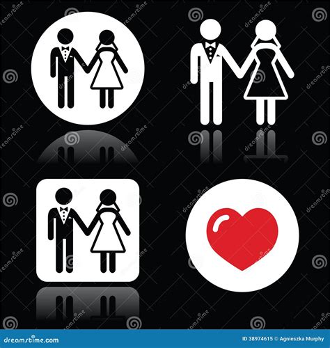 Wedding Married Couple White Icon Set On Black Stock Illustration