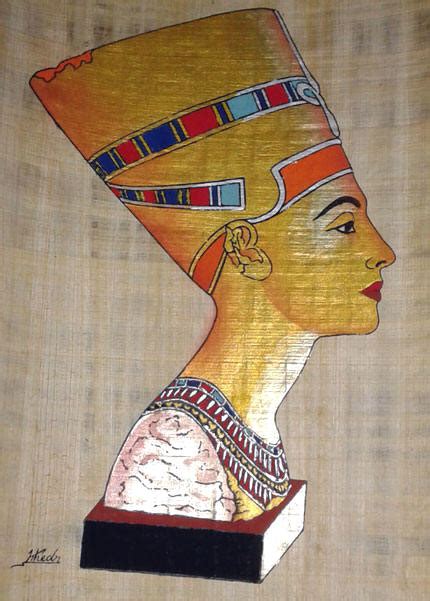 Egyptian Papyrus Painting Golden Nefertiti Bust View With Golden Highlights