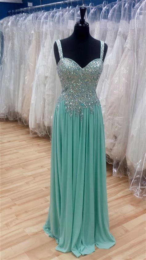 sheath sweetheart long mint green chiffon beaded sparkly prom dress with straps