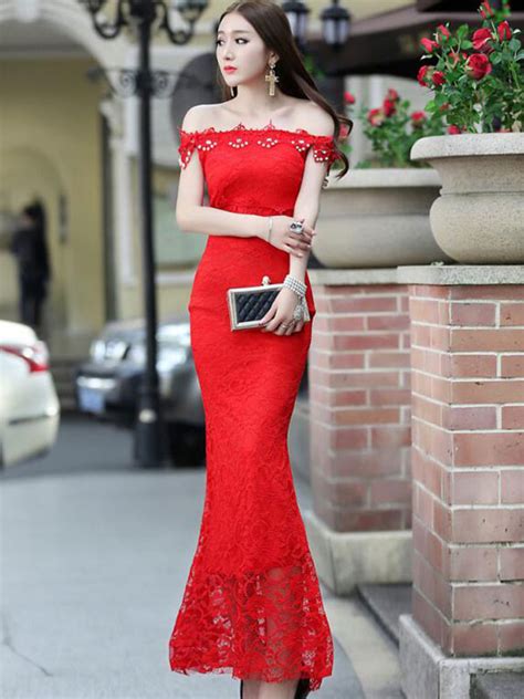 Mermaid Maxi Dress Red Off The Shoulder Lace Bodycon Dress