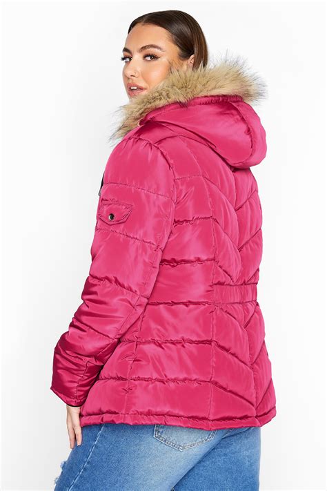 pink padded puffer jacket with faux fur trim yours clothing