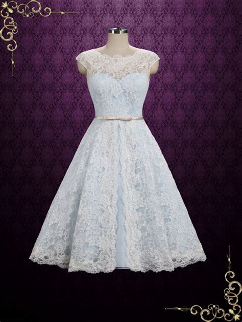 Ice Blue Vintage Lace Tea Length Wedding Dress Shannon Ieie