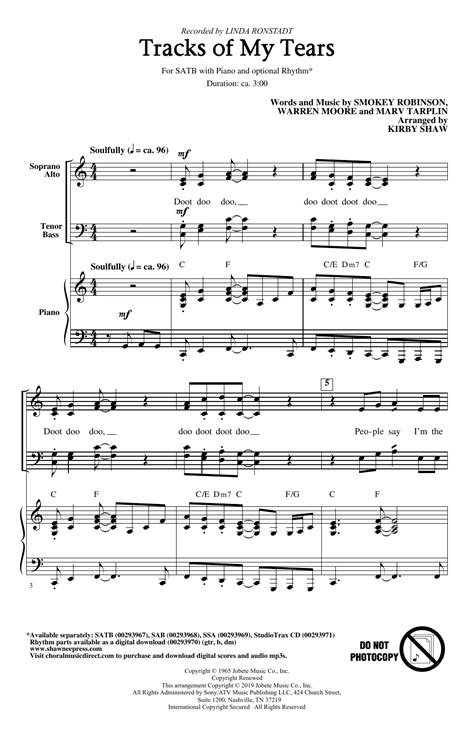 linda ronstadt tracks of my tears arr kirby shaw sheet music notes download printable pdf