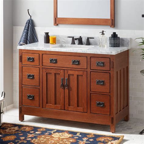 Looking closely, this set of furniture is made with the wall is painted with a lighter tone of brown, while it is topped by the strong, dark brown color of the furniture (nightstand, bed, dresser, and vanity). 48" American Craftsman Vanity for Rectangular Undermount ...