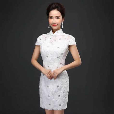 2016 Fashion Chinese Traditional Wedding Dress White Lace Modern Qipao Dress Short Cheongsam