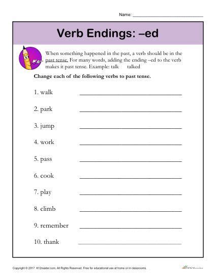 An English Worksheet With The Words Verb Endings Ed In Purple And White