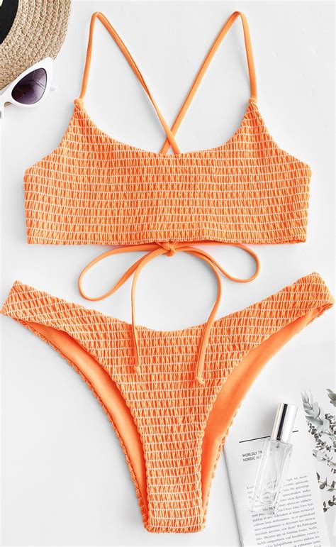 Crisscross Neon Smocked Bikini Set Orange Tea Green Smocked Bikini My