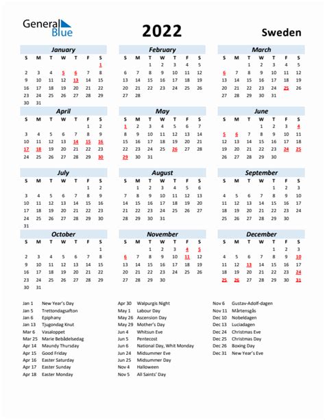 2022 Sweden Calendar With Holidays
