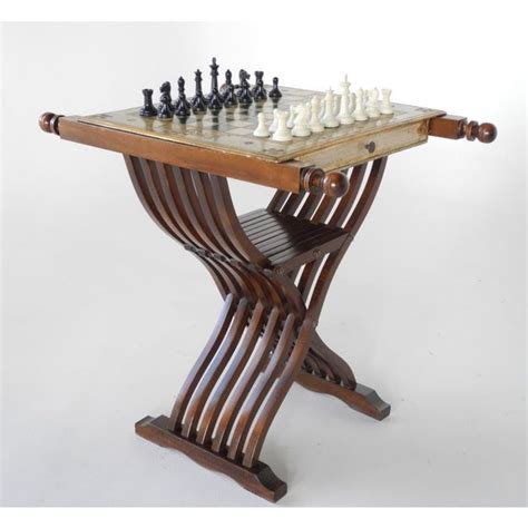 Savonarola Chairs And Slatted Folding Table With Chess Board Set Of 3