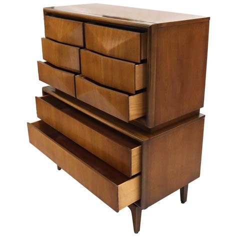 Diamond Front Walnut Mid Century Modern Double High Chest Dresser