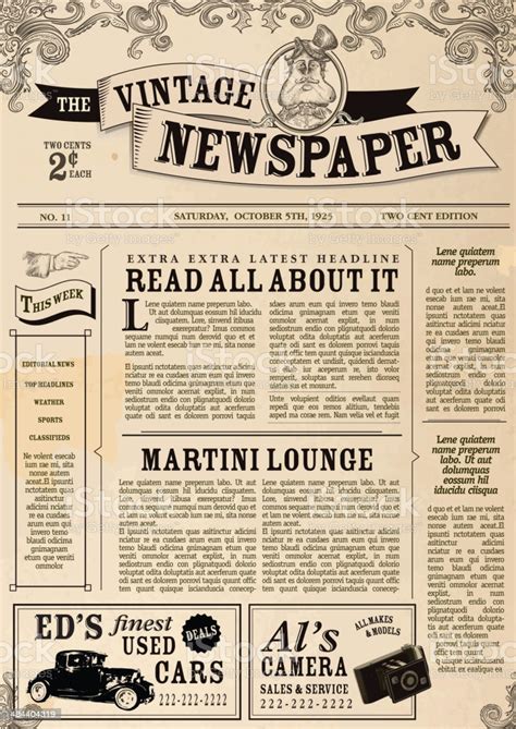 Thinking about advertising your business in a newspaper? Vintage Newspaper Layout Design Template Stock Illustration - Download Image Now - iStock