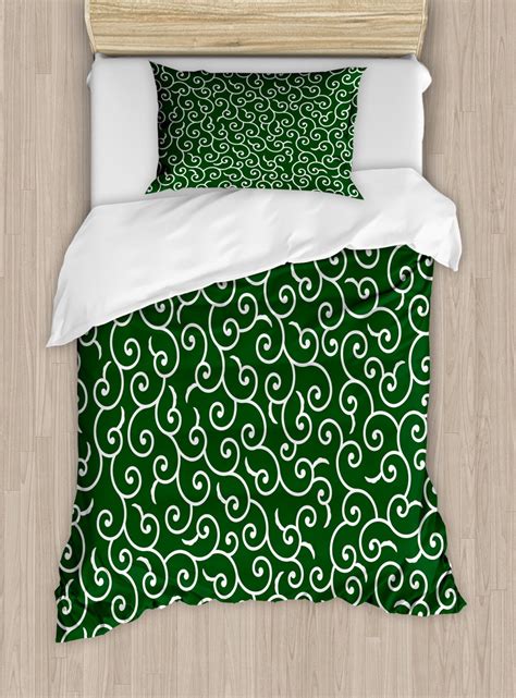 Green Duvet Cover Set Twin Size Traditional Ancient Japanese Pattern