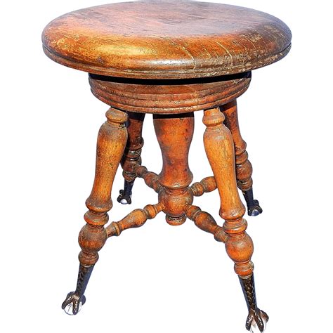 Antique Wood Piano Stool With Glass Marble Cast Iron Claw Feet From