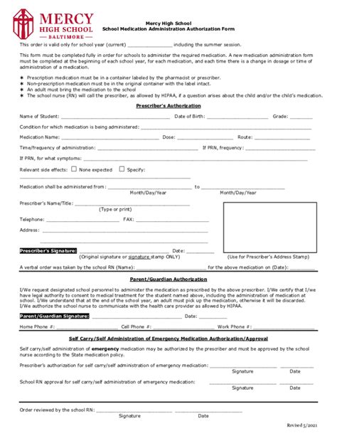 Fillable Online School Medication Administration Authorization Form