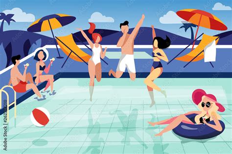Summer Pool Party Vector Flat Illustration Happy Young Friends Have A Vacation By The Swimming