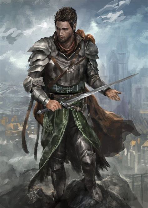 A Man In Armor Holding Two Swords On Top Of A Hill With Cityscape In