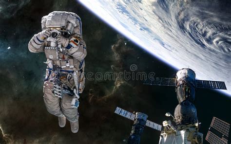 Astronaut Space Station Orbit Of Planet Earth Solar System Stock