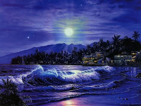 Oceans Clouds Beach Sea Moonlit Sky Night Ocean Waves Ocean Waves At