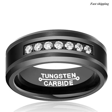 8mm Black Tungsten Carbide Ring Diamonds Inlay Comfort Fit Atop Men